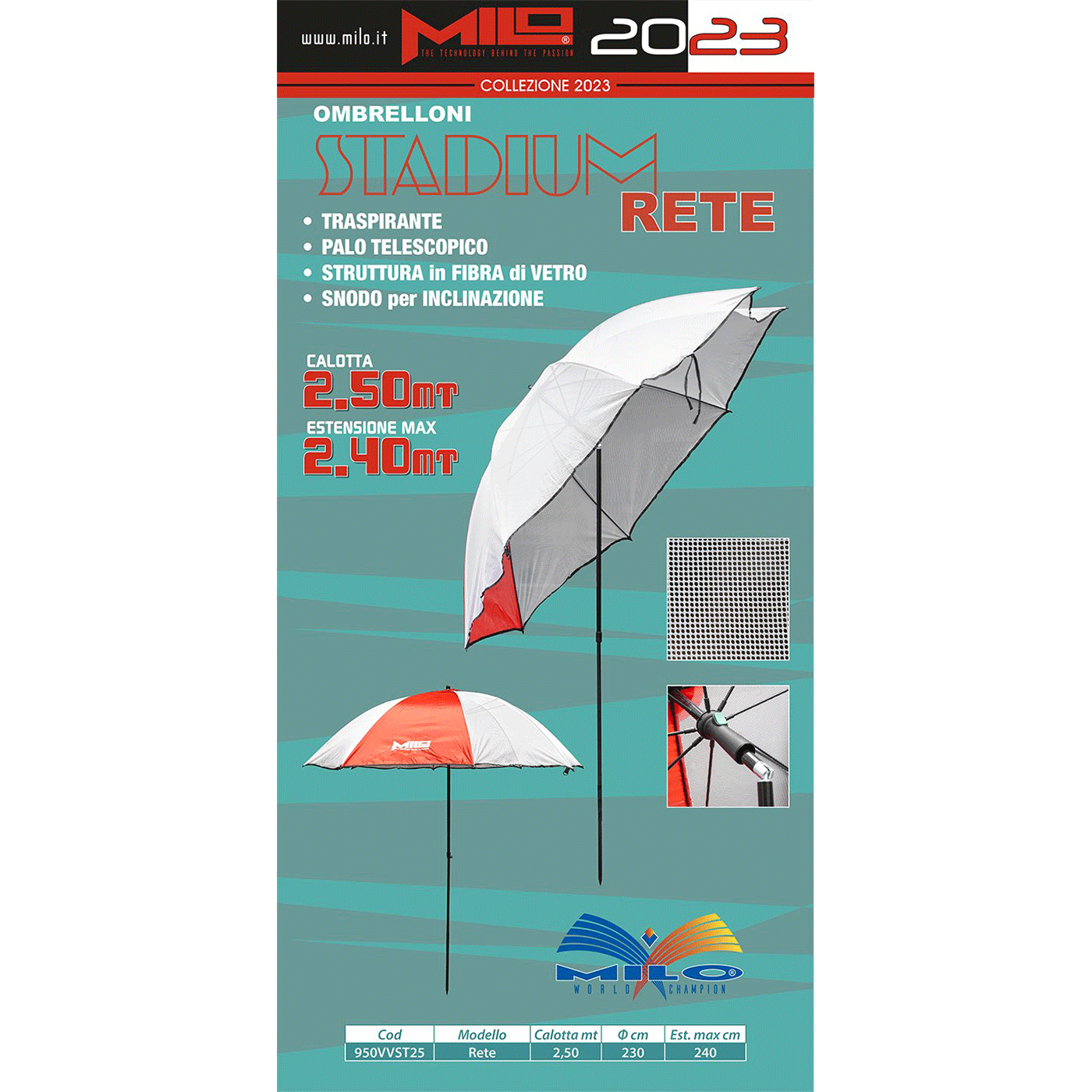 MILO - OMBRELLONE STADIUM CON RETE 2,50mt
