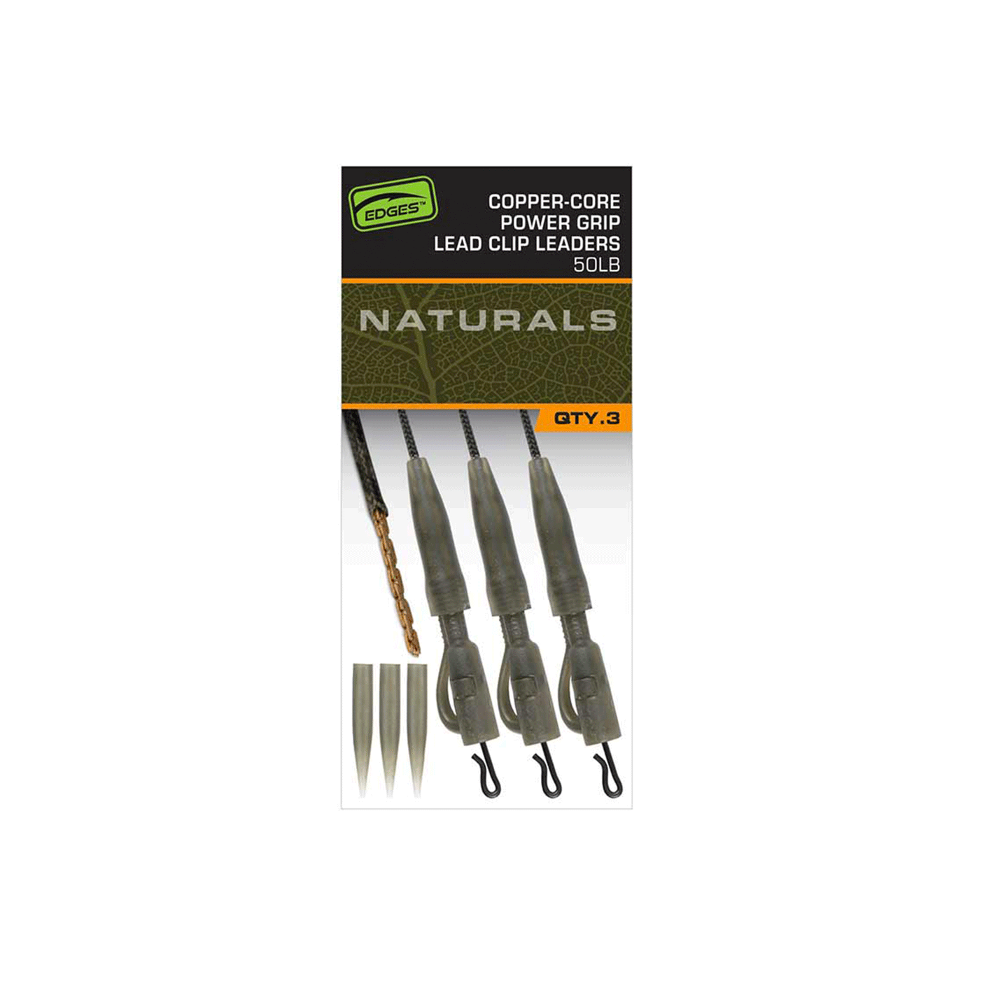 FOX - EDGES™ COPPER-CORE POWER GRIP LEAD CLIP LEADERS 50LB NATURALS (3PCS)