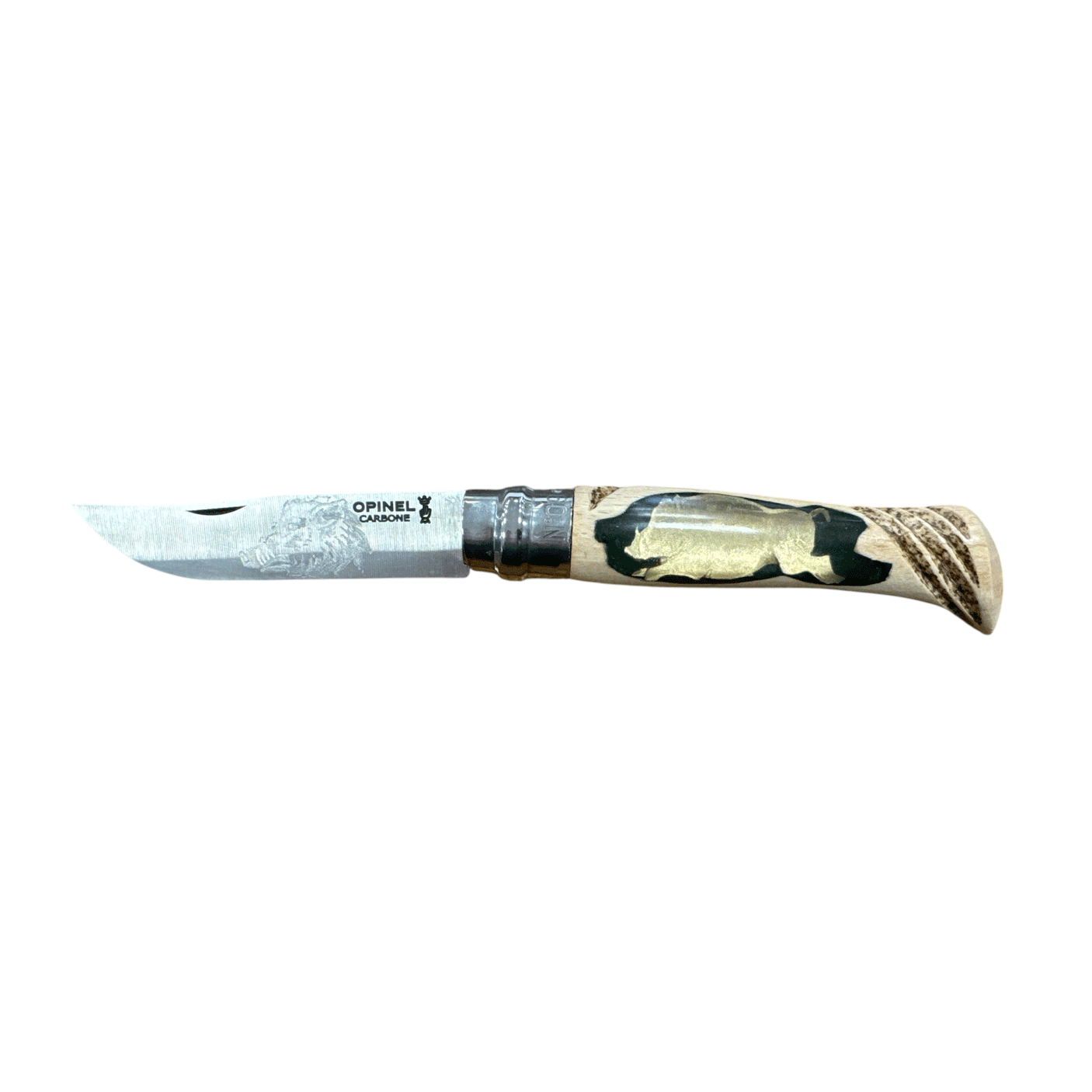 COLTELLO - OPINEL - N.9 CARBONE REALIZZATO A MANO CON CINGHIALE + MIRINO + INTAGLIO