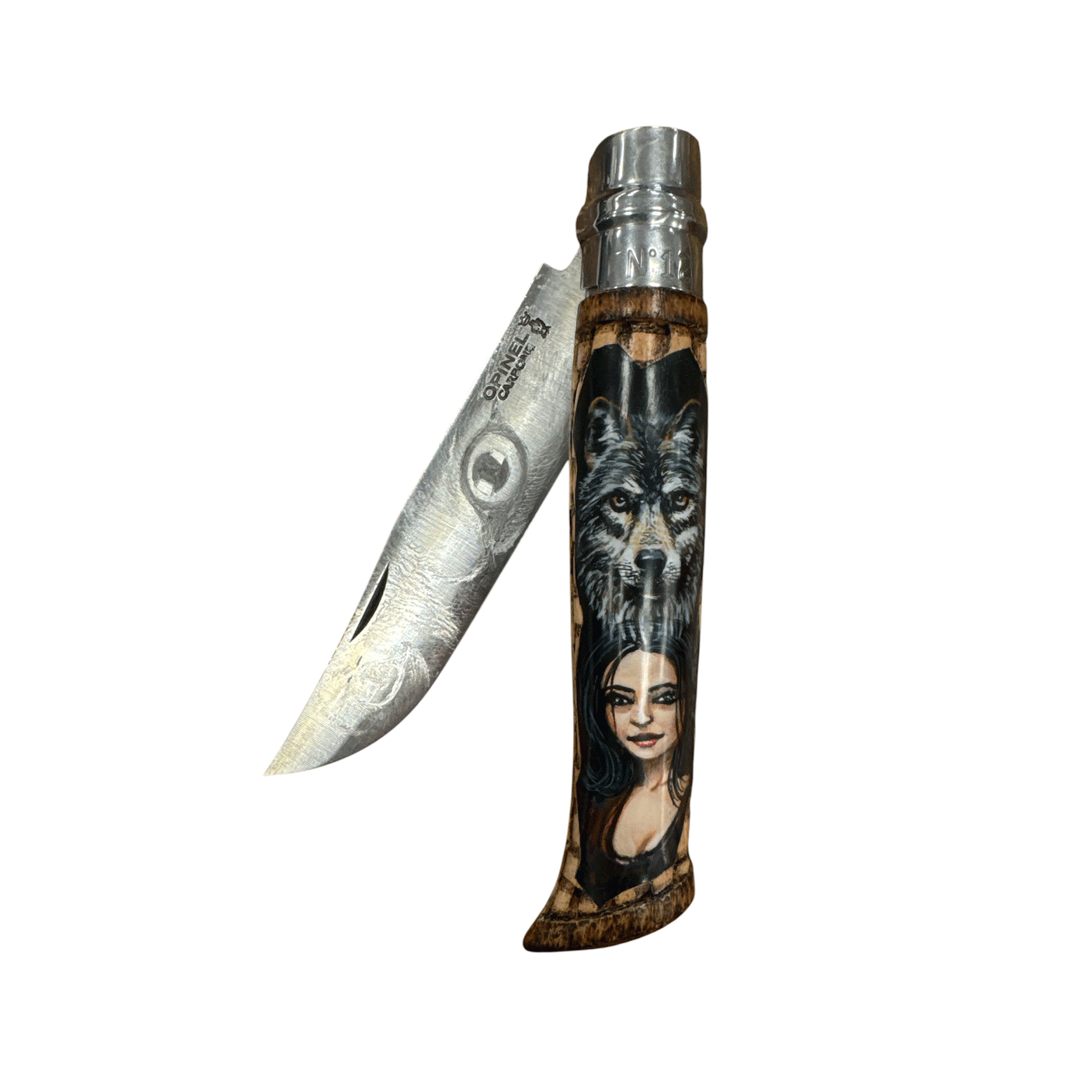 COLTELLO - OPINEL - N.12 CARBONE REALIZZATO A MANO CON LUPO E DONNA