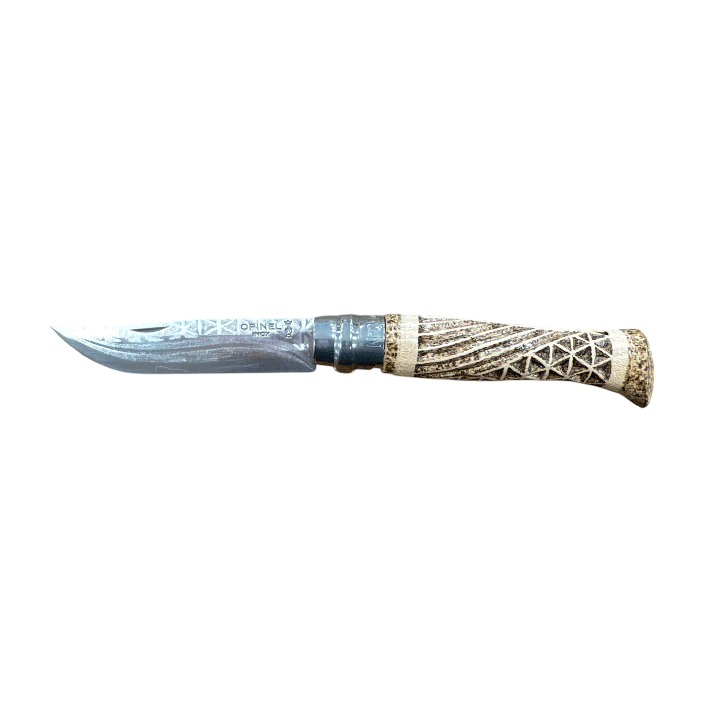 KNIFE - OPINEL - N.9 STAINLESS STEEL HAND MADE WITH DOUBLE INTERLACE CARVING + PYROGRAPHY