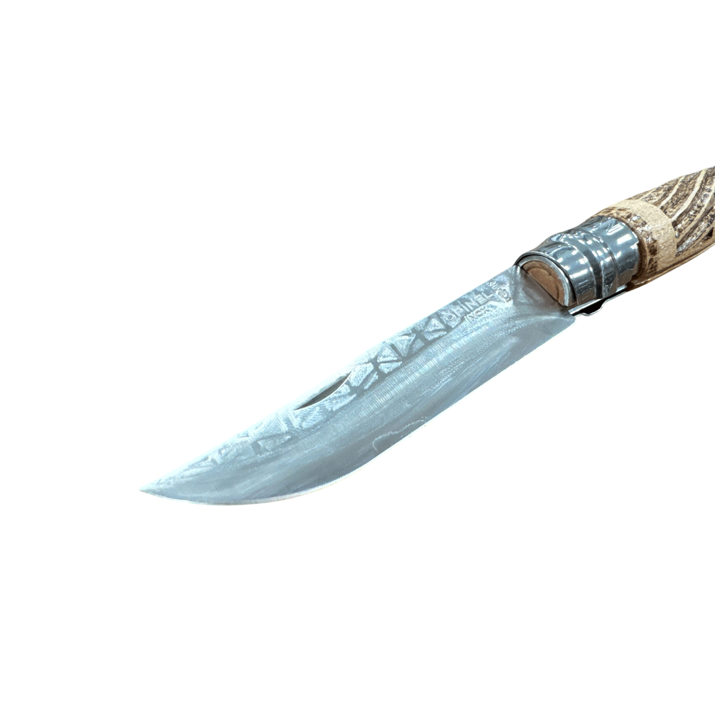 KNIFE - OPINEL - N.9 STAINLESS STEEL HAND MADE WITH DOUBLE INTERLACE CARVING + PYROGRAPHY