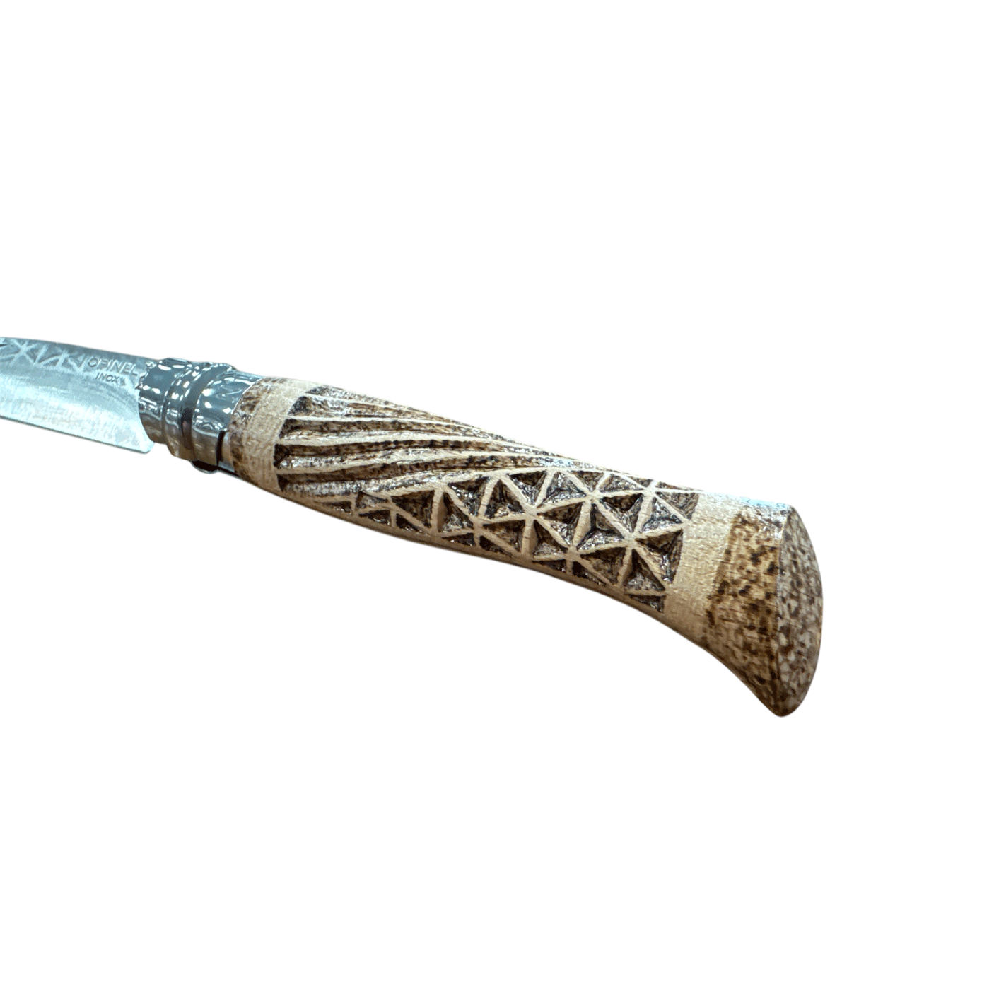 KNIFE - OPINEL - N.9 STAINLESS STEEL HAND MADE WITH DOUBLE INTERLACE CARVING + PYROGRAPHY