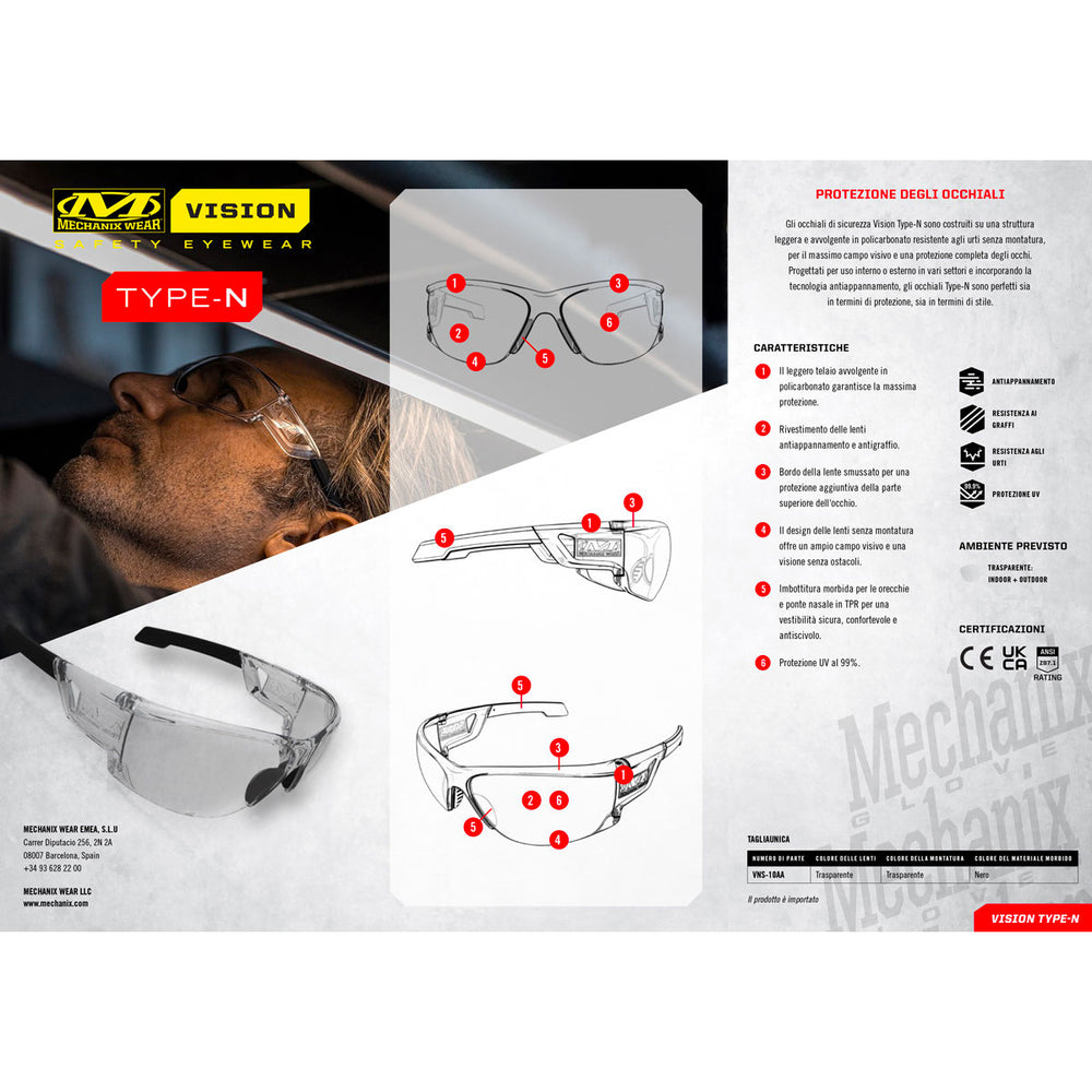 MECHANIX WEAR - VISION OCCHIALI SAFETY TYPE-N MONTATURA TRASPARENTE LENTE TRASPARENTE