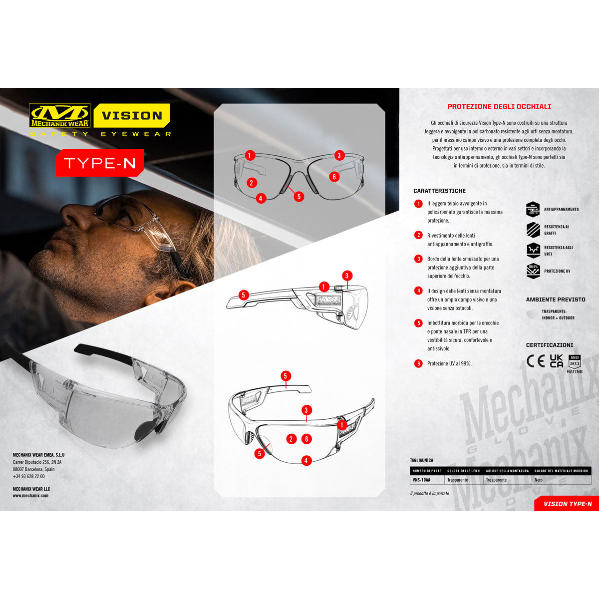 MECHANIX WEAR - VISION OCCHIALI SAFETY TYPE-N MONTATURA TRASPARENTE LENTE TRASPARENTE