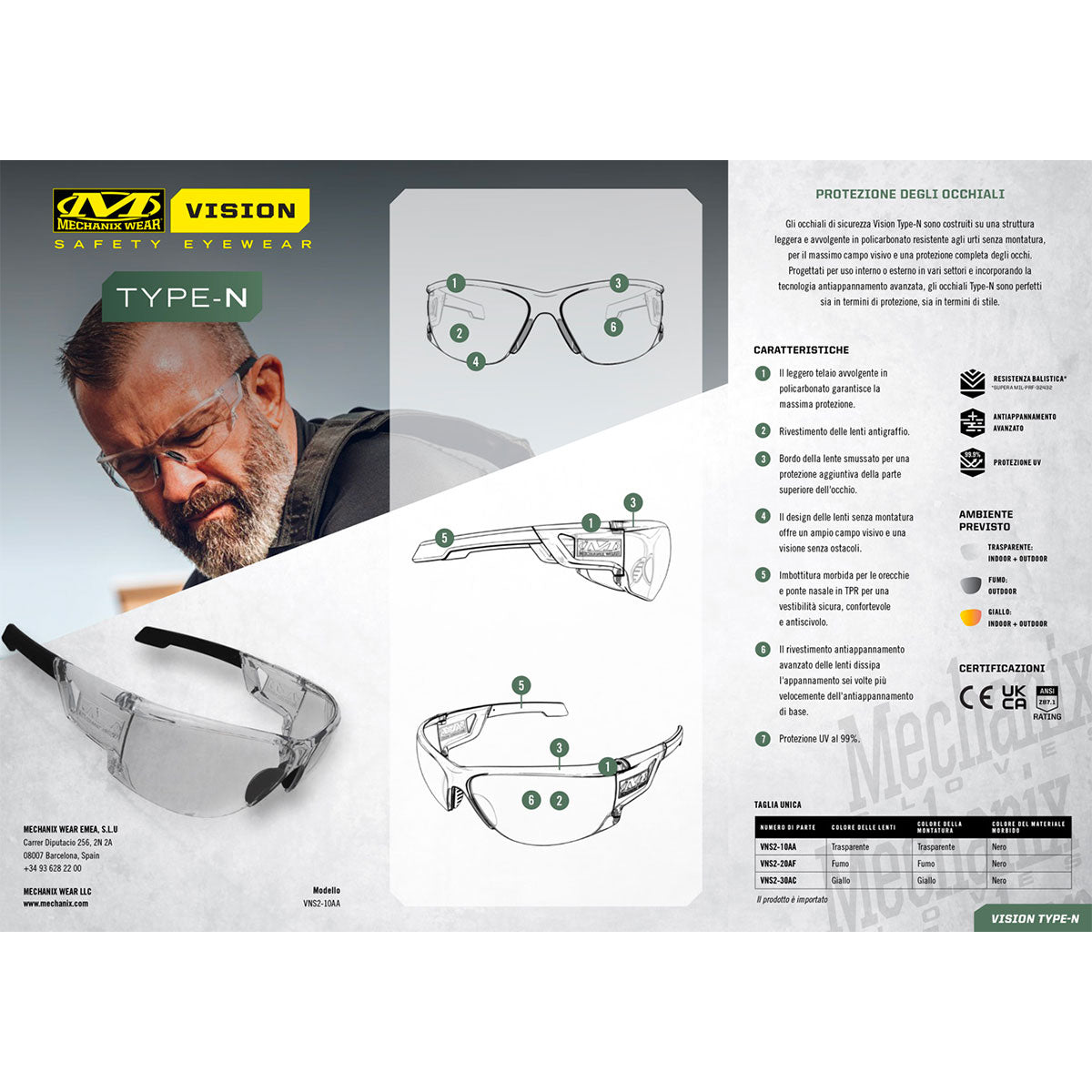 MECHANIX WEAR - VISION OCCHIALI BALISTICI TYPE-N MONTATURA FUMO LENTE FUMO