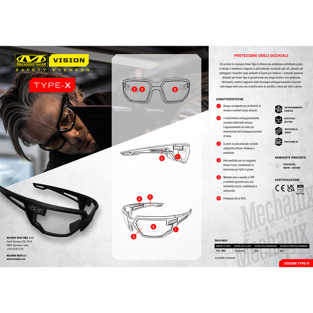 MECHANIX WEAR - VISION OCCHIALI SAFETY TYPE-X MONTATURA NERA LENTE TRASPARENTE