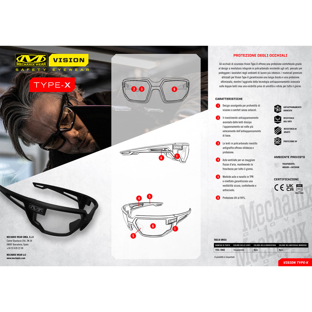 MECHANIX WEAR - VISION OCCHIALI SAFETY TYPE-X MONTATURA NERA LENTE TRASPARENTE