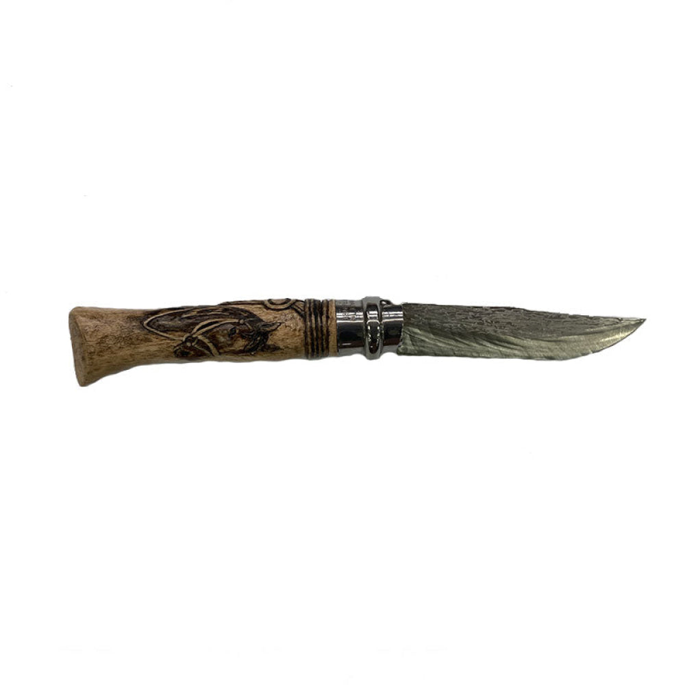 Coltello - Opinel N.9 Carbonio Con Disegno Cavallo Realizzato A Mano