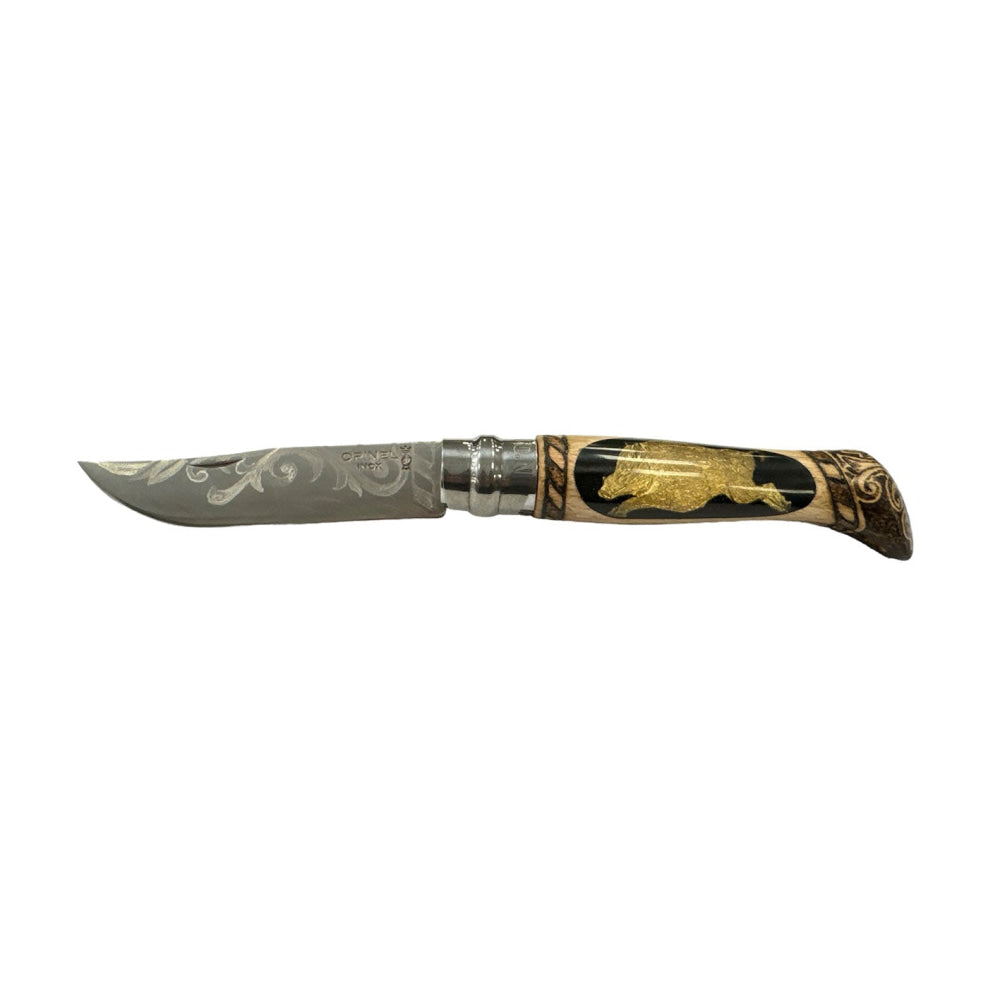 Coltello - Opinel N.9 Inox Ottone/Resina/Pirografia Realizzato A Mano