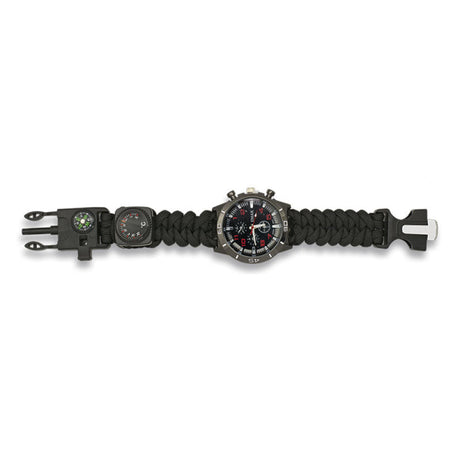 Orologio Paracord Tattico Survivor Nero Con Bussola Acciarino Fischietto E Termometro