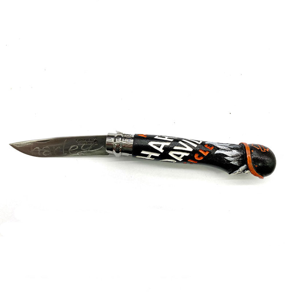 Coltello - Opinel N.8 Carbone Con Manico Harley Davidson Realizzato A Mano