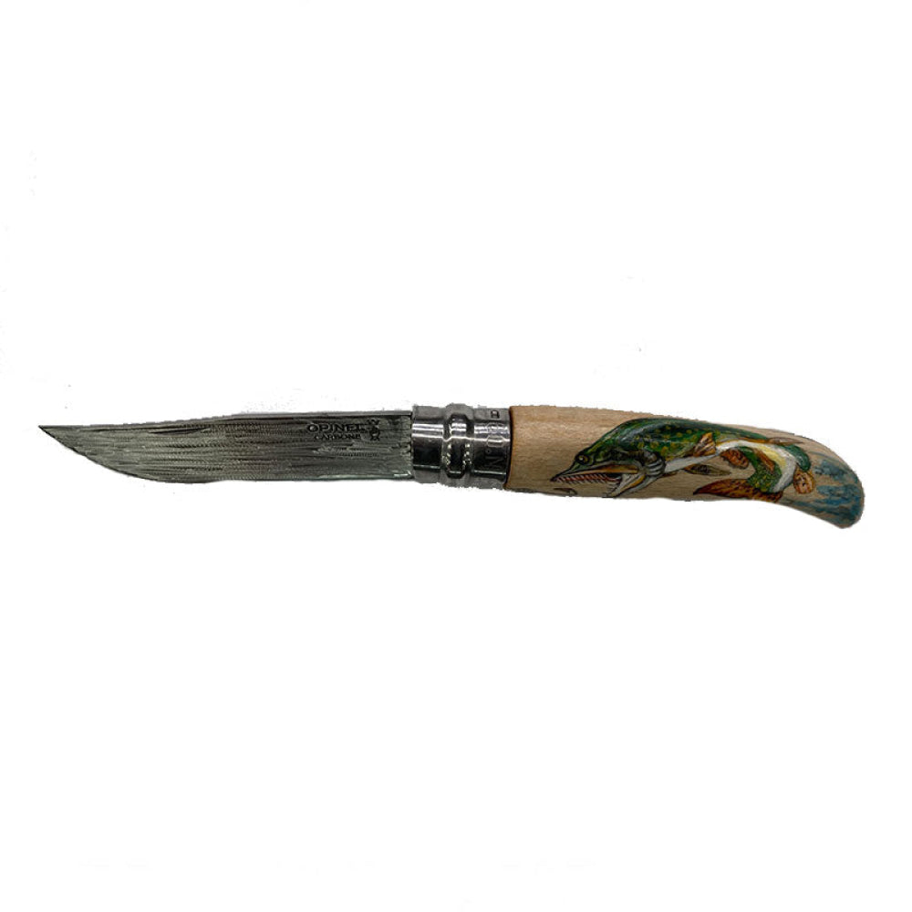 Coltello - Opinel N.9 Carbonio Con Disegno Scena Sanpei Luccio Realizzato A Mano