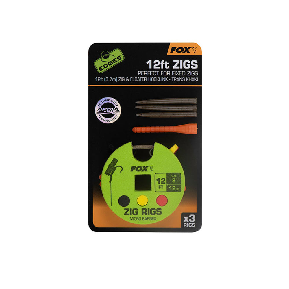 Fox - Edges™ 12Ft Zigs (3.7M) Size 8 / 12Lb Zig & Floater Hooklink Trans Khaki