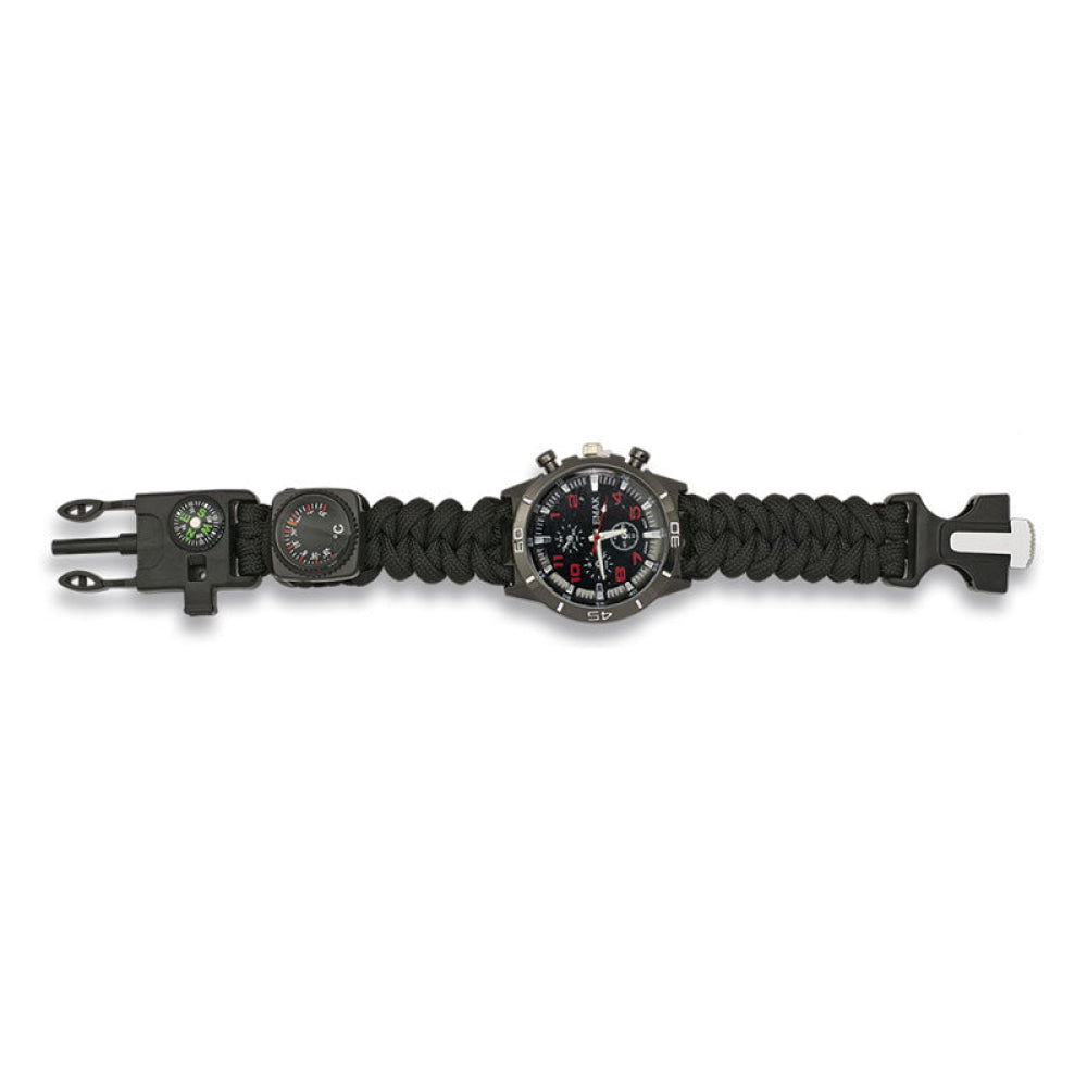 Orologio Paracord Tattico Survivor Nero Con Bussola Acciarino Fischietto E Termometro