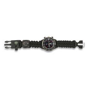 Orologio Paracord Tattico Survivor Nero Con Bussola Acciarino Fischietto E Termometro