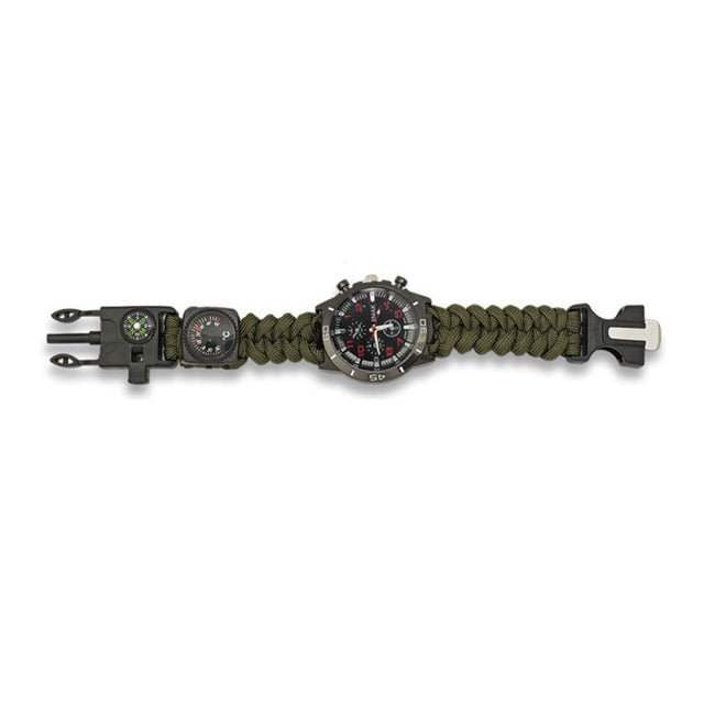 Orologio Paracord Tattico Survivor Verde Con Bussola Acciarino Fischietto E Termometro