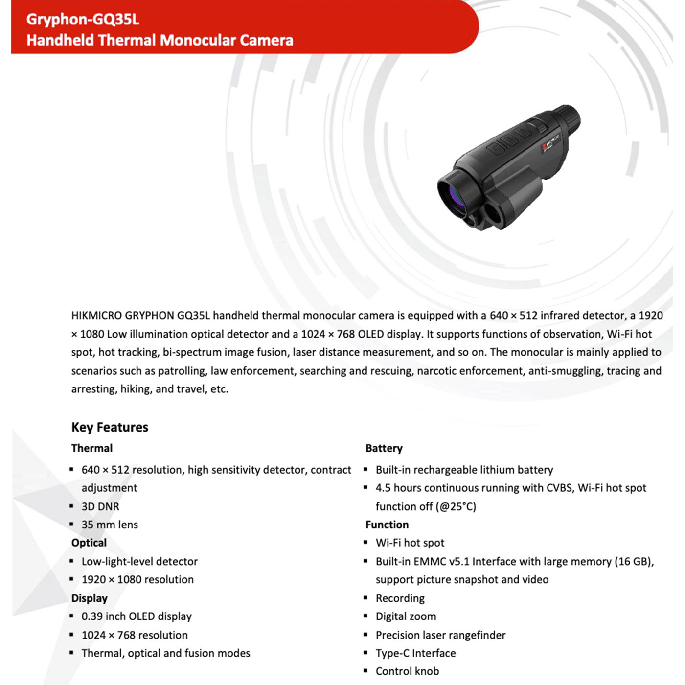 MONOCULAR - HIKMICRO - GRYPHON LRF GH35L THERMAL FUSION 16G 1024X768 Oled Lens 35mm Rangefinder